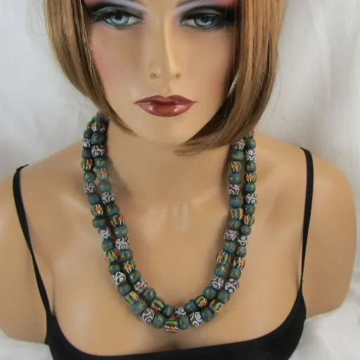 Double Strand Multicolored African Trade Bead Beaded Necklace