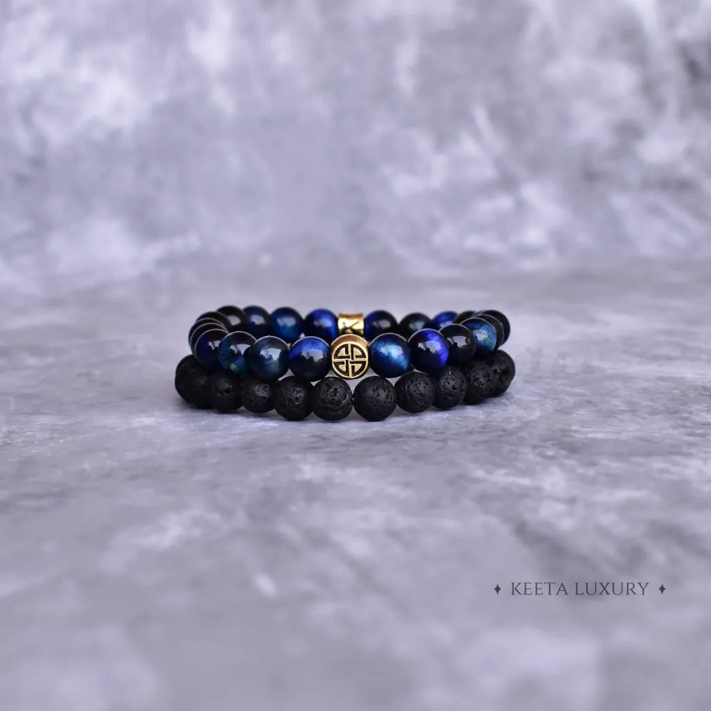 Dual Elemental - Blue Tiger's Eye & Lava Bead Bracelets