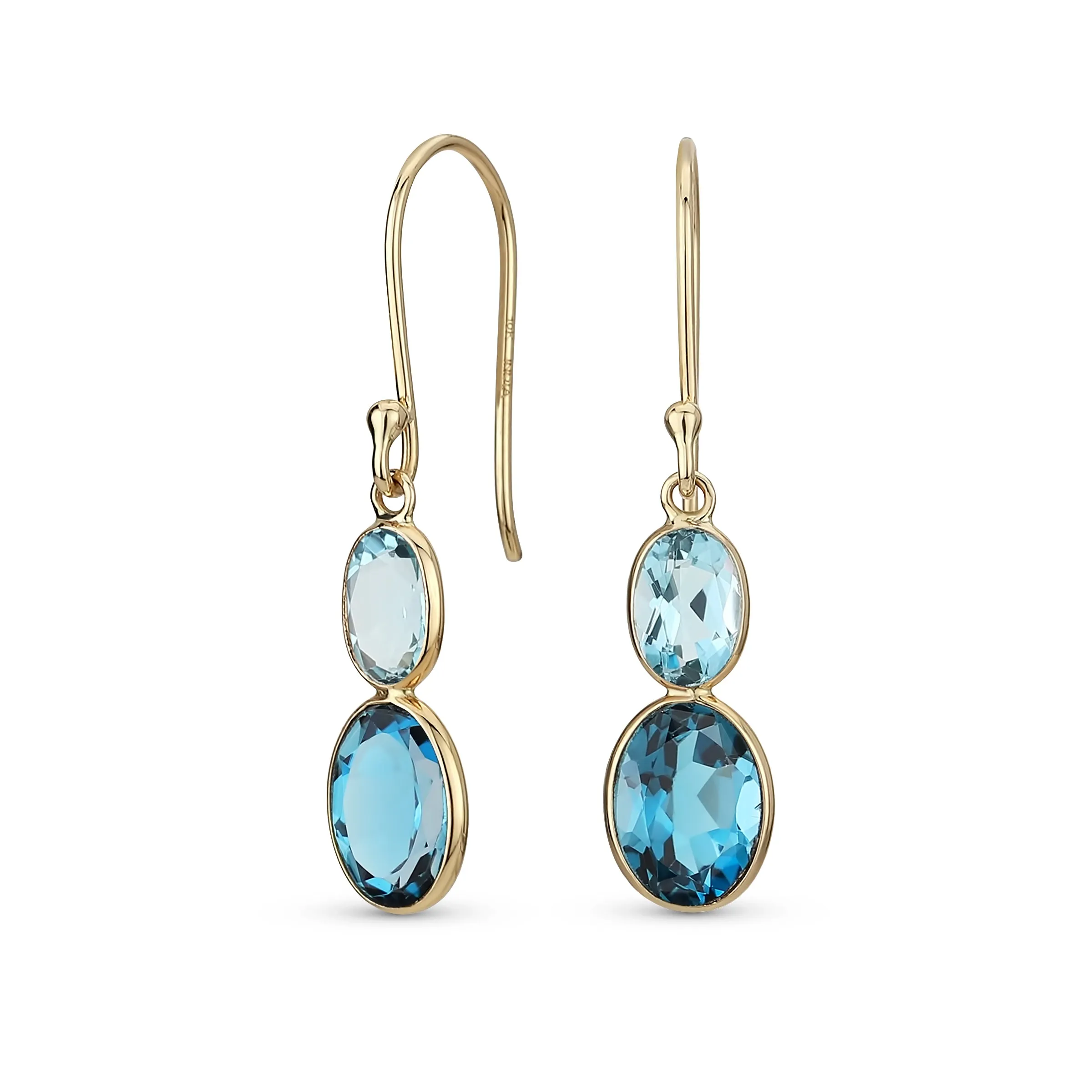 Genuine 10K Gold Faceted Two Oval Swiss & London Blue Topaz Drop Earrings