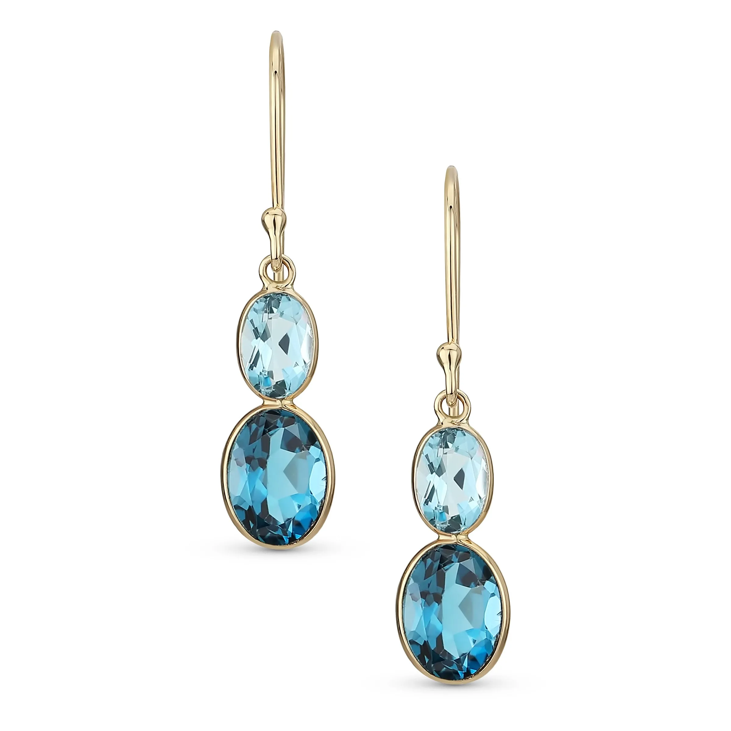 Genuine 10K Gold Faceted Two Oval Swiss & London Blue Topaz Drop Earrings