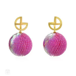 Gold and pink sequined ball earrings