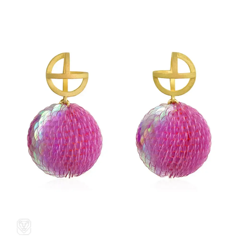 Gold and pink sequined ball earrings