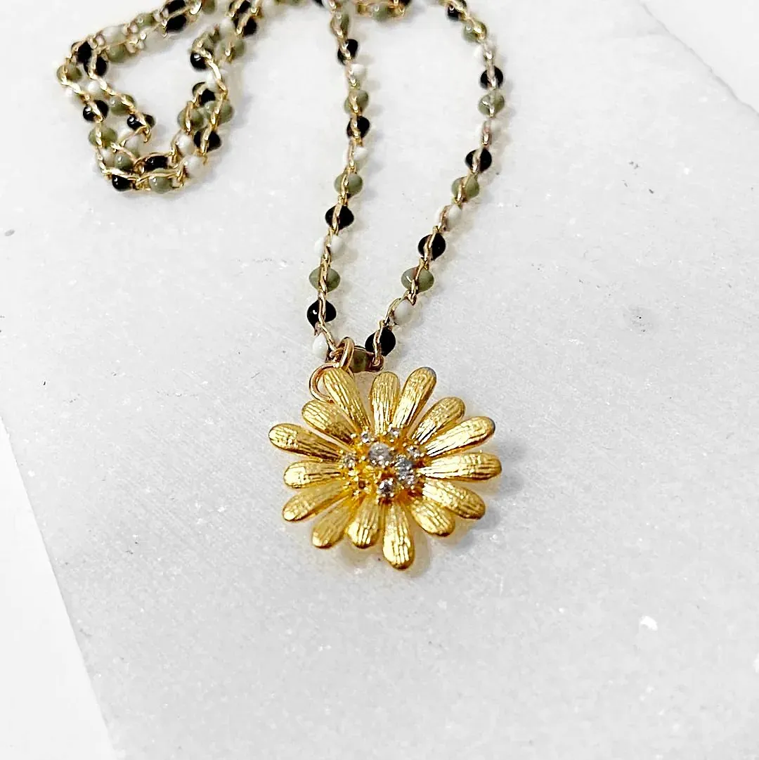 Gold Sunflower, Enamel Dot 14K Gold Filled Necklace