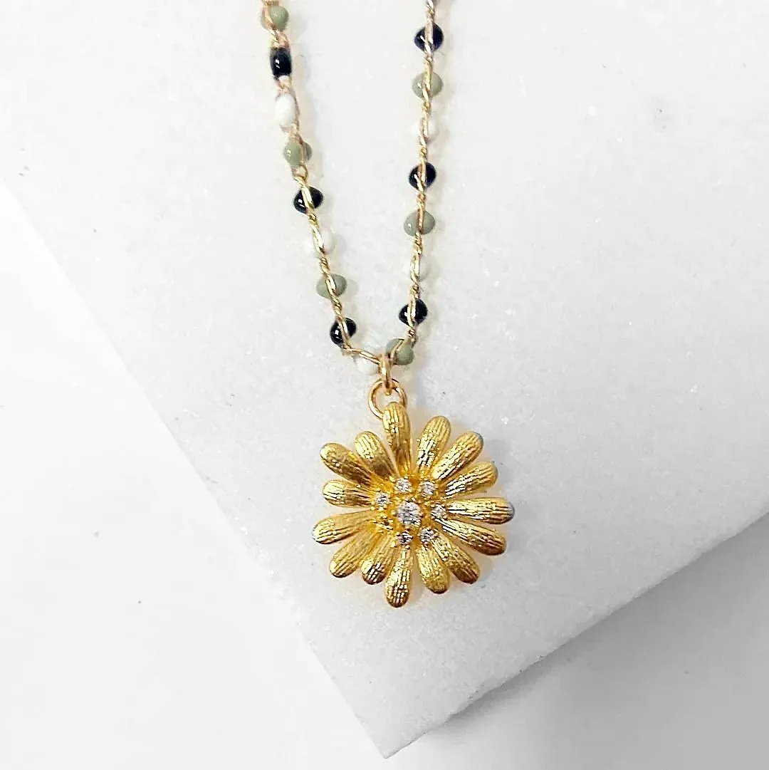 Gold Sunflower, Enamel Dot 14K Gold Filled Necklace