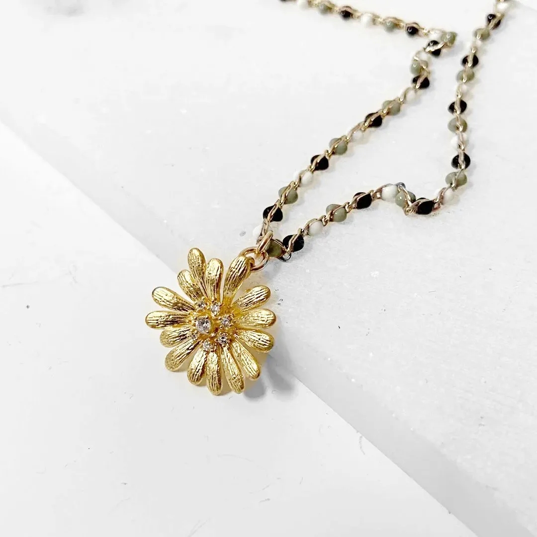 Gold Sunflower, Enamel Dot 14K Gold Filled Necklace