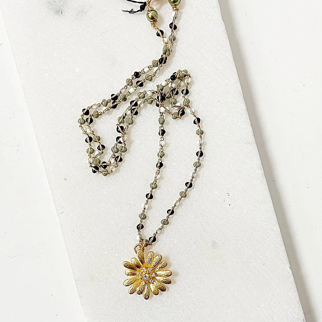 Gold Sunflower, Enamel Dot 14K Gold Filled Necklace