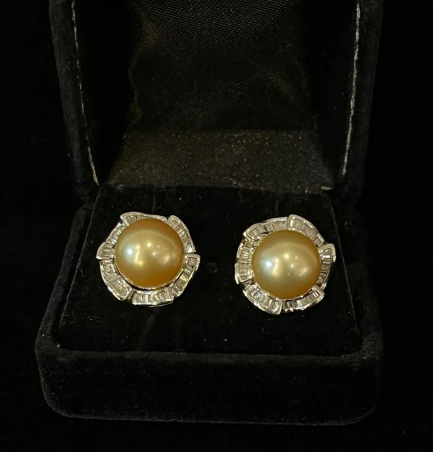 Golden South Sea Pearl and Diamond Earrings