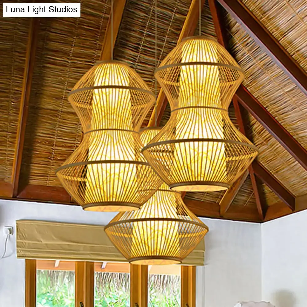 Gourd Shaped Asian Bamboo Pendant Lamp - 19.5"/23.5" Wide - Perfect for Restaurants - Wood Finish