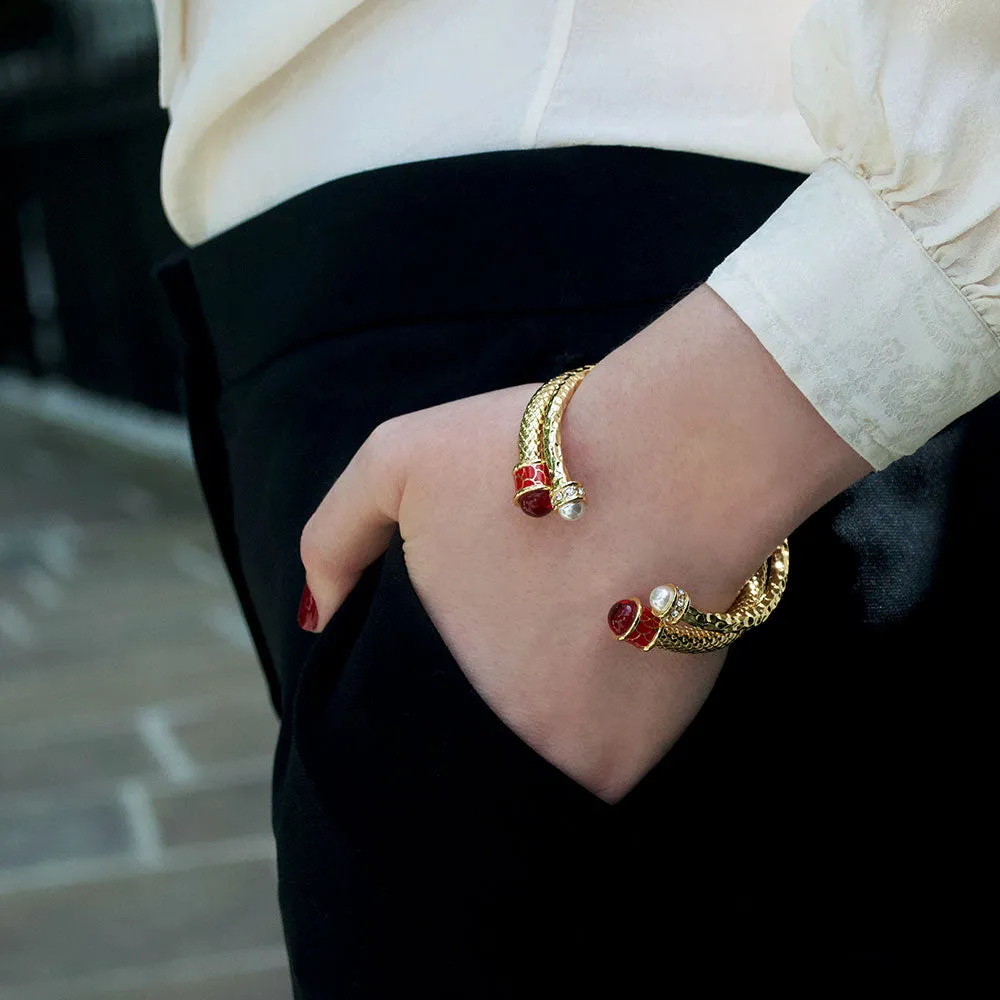 Hammered Torque Pearl & Gold Bangle