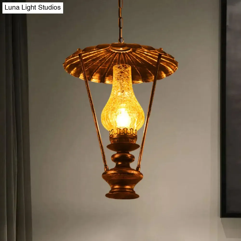 Industrial Lantern Crackle Glass Ceiling Pendant Light for Living Room - 1 Light Hanging