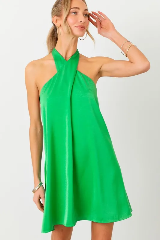 Kelly Green Halter Cross Neck Dress