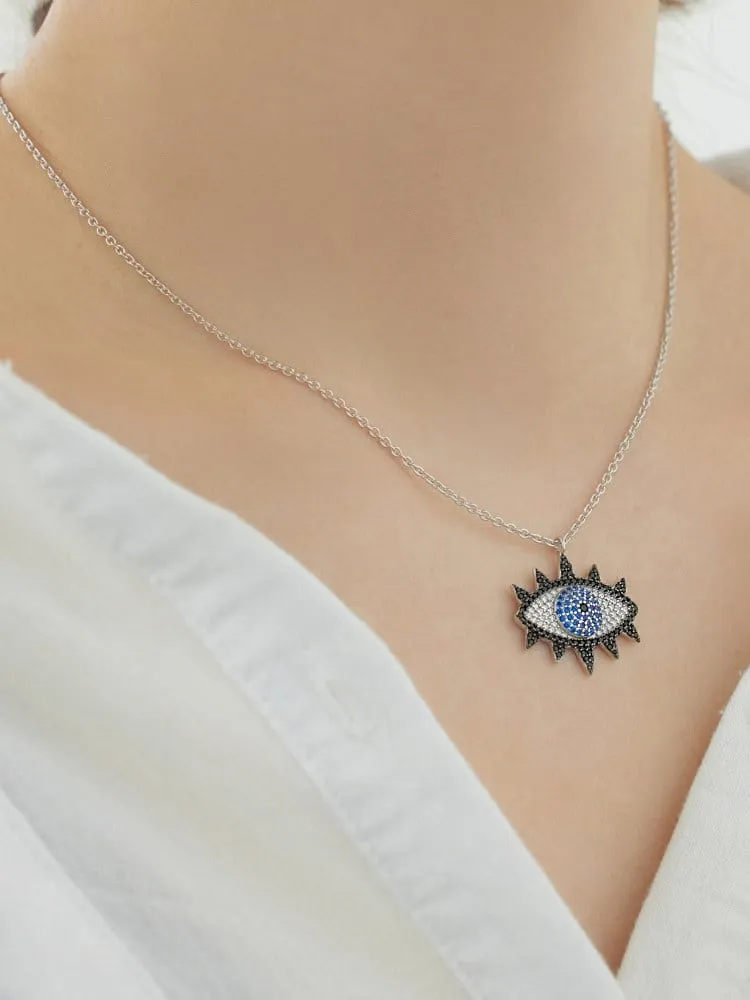 KESLEY Eye Necklace Black and Blue Diamond CZ Sterling Silver Statement Evil Eye Jewelry