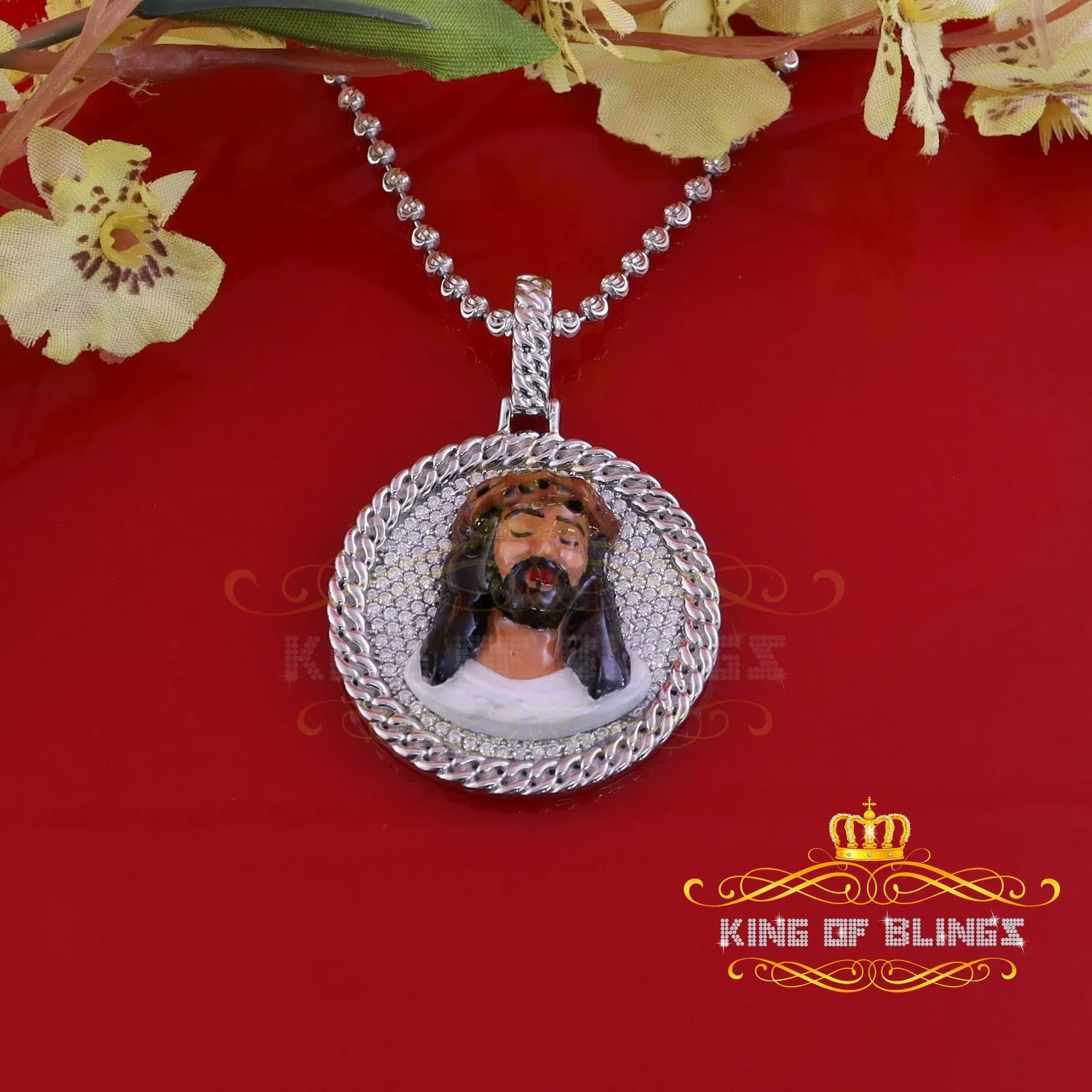 King Of Bling's 925 Sterling Silver 2.00ct W/Crushed Moissanite White 1.50 Jesus Charm Pendant