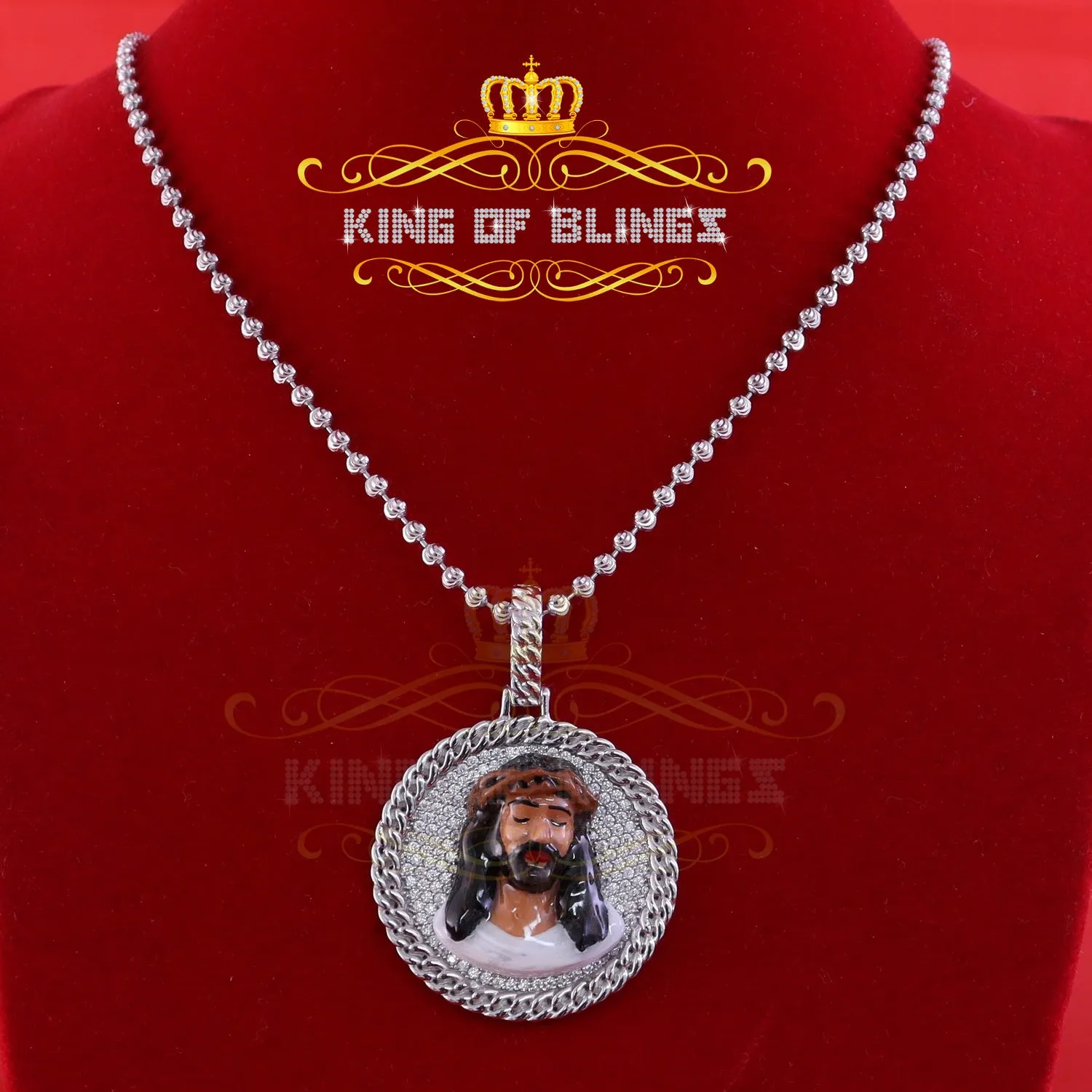 King Of Bling's 925 Sterling Silver 2.00ct W/Crushed Moissanite White 1.50 Jesus Charm Pendant