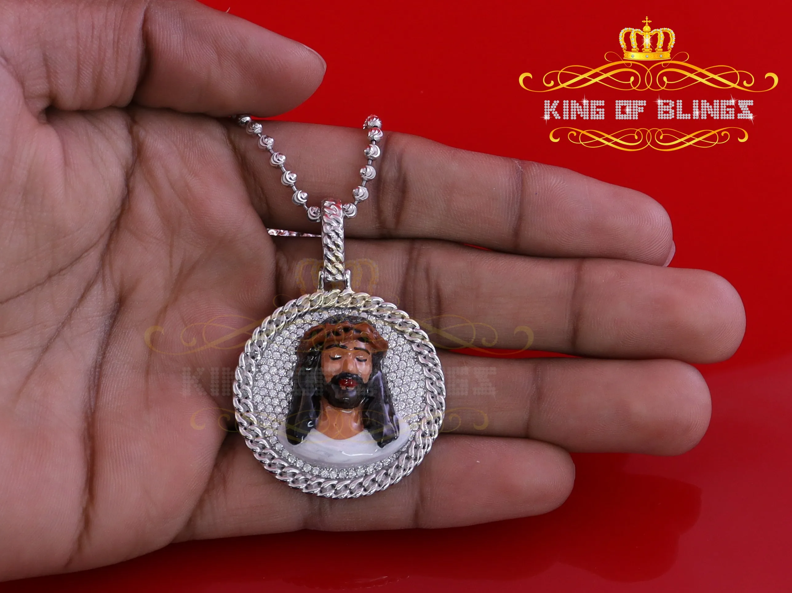 King Of Bling's 925 Sterling Silver 2.00ct W/Crushed Moissanite White 1.50 Jesus Charm Pendant