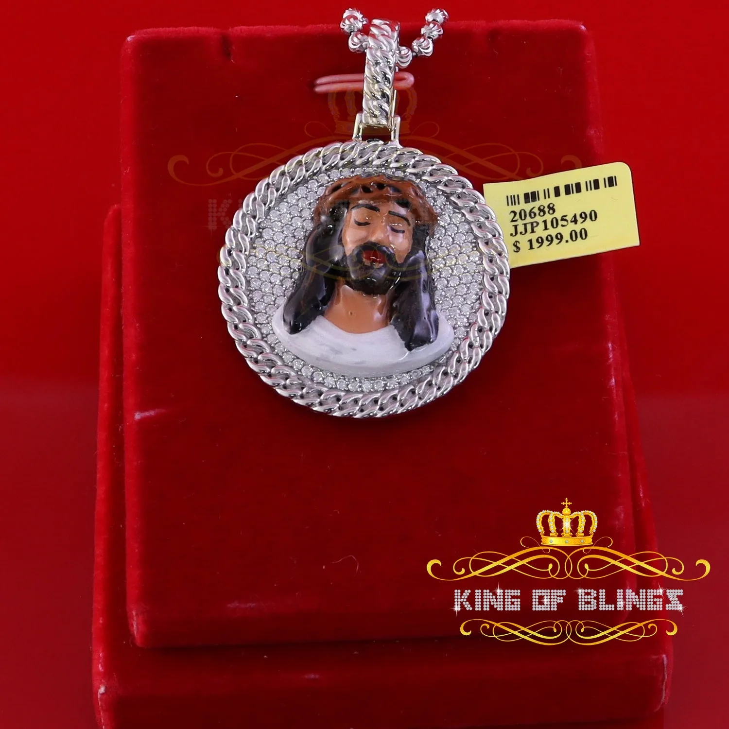 King Of Bling's 925 Sterling Silver 2.00ct W/Crushed Moissanite White 1.50 Jesus Charm Pendant