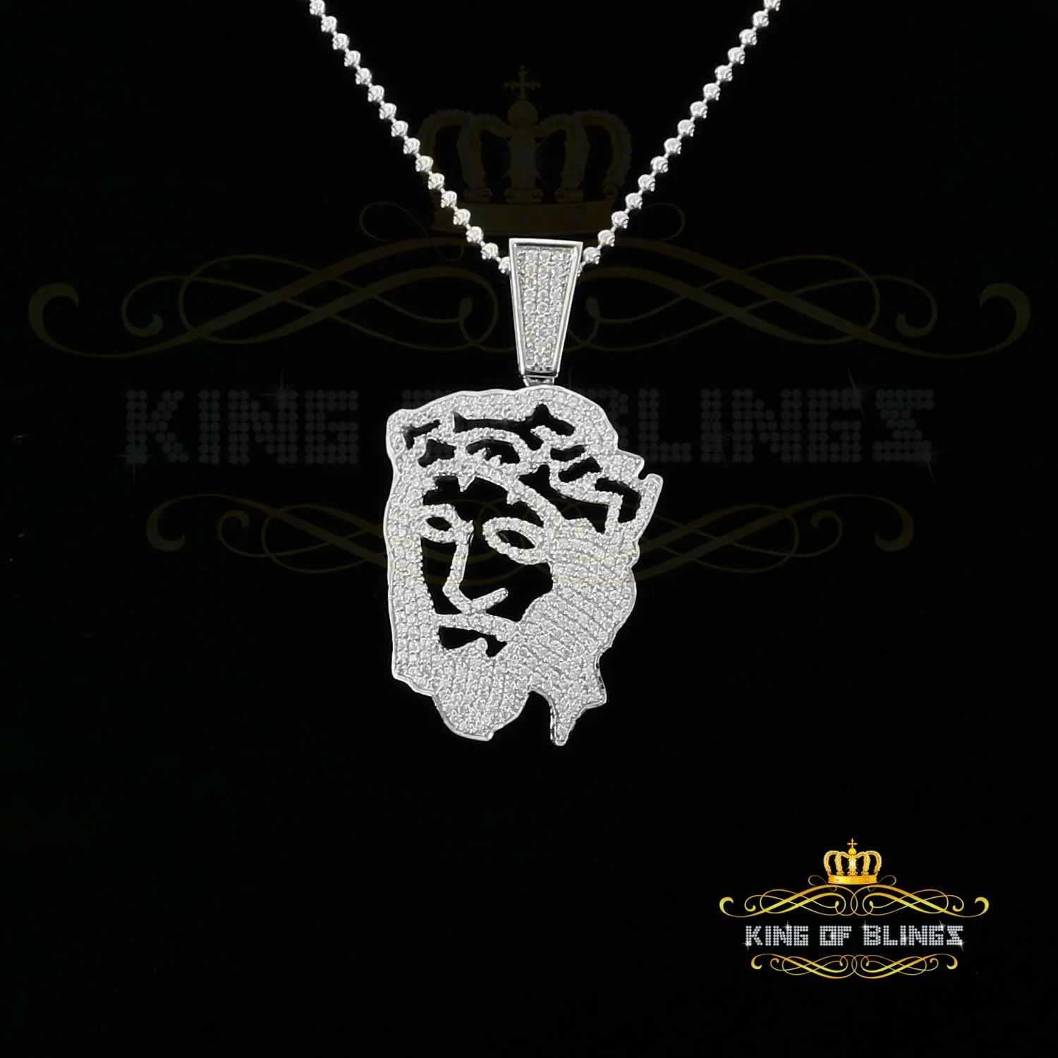 King Of Bling's Special 925 White Sterling Silver Jesus Face Pendant with 6.41ct Cubic Zirconia