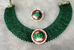 Kundan meena beads chokar round shape necklace with earrings (Green)