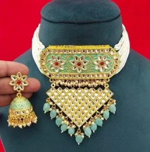 Kundan meenakari chokar pearl necklace with earrings (sky blue)