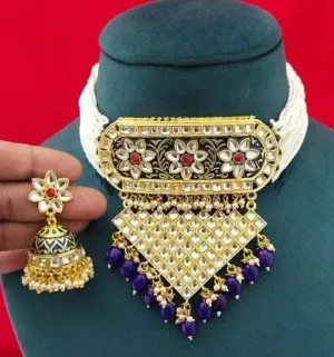 Kundan meenakari chokar pearl necklace with earrings (violet)