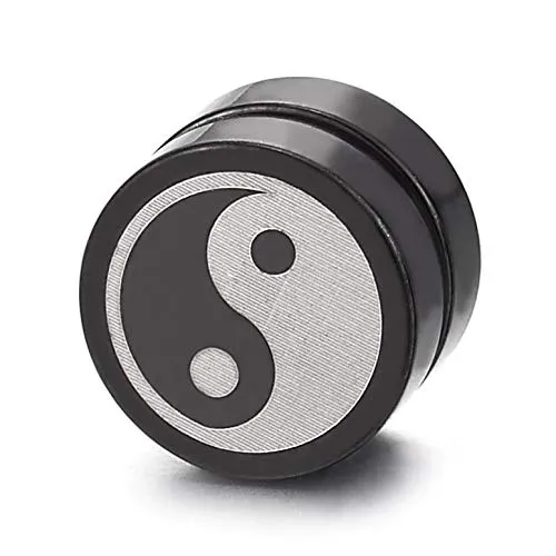 Men 10MM Magnetic Silver Black Circle Yin Yang Stud Earring Non-Piercing Clip On Fake Ear Plug