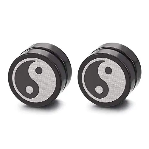 Men 10MM Magnetic Silver Black Circle Yin Yang Stud Earring Non-Piercing Clip On Fake Ear Plug