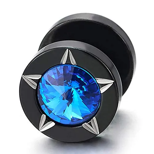 Men Women Black Star Laser Pattern Circle Stud Earrings Blue Spike CZ, Steel Cheater Fake Ear Plug