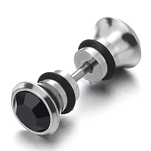 Men Women Circle Stud Earring with Black Faceted Cubic Zirconia, Steel Cheater Fake Ear Plugs Gauges