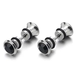 Men Women Circle Stud Earring with Black Faceted Cubic Zirconia, Steel Cheater Fake Ear Plugs Gauges