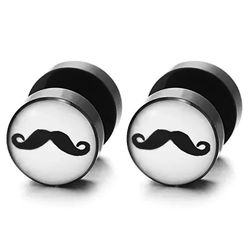 Men Women Circle Stud Earrings with Mustache Beard, Black White Steel Cheater Fake Ear Plugs Gauges