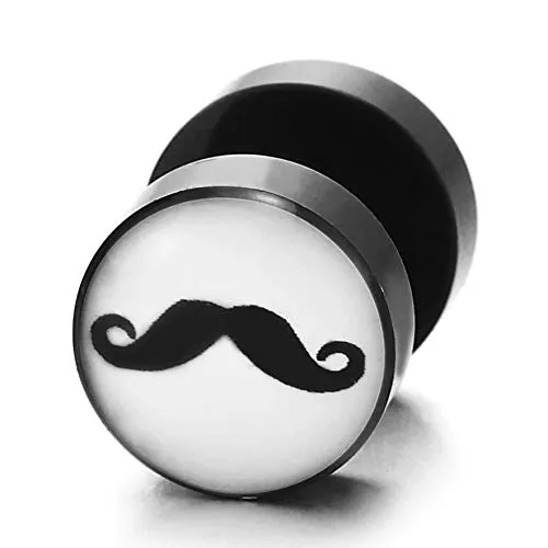 Men Women Circle Stud Earrings with Mustache Beard, Black White Steel Cheater Fake Ear Plugs Gauges