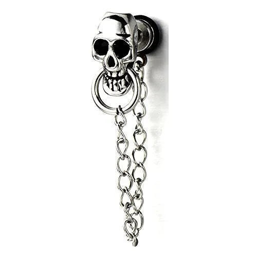 Mens Women Skull Chain Stud Earrings Drop Dangle, Stainless Steel, Screw Back, 2 Pcs