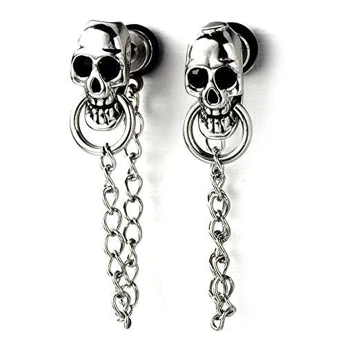 Mens Women Skull Chain Stud Earrings Drop Dangle, Stainless Steel, Screw Back, 2 Pcs