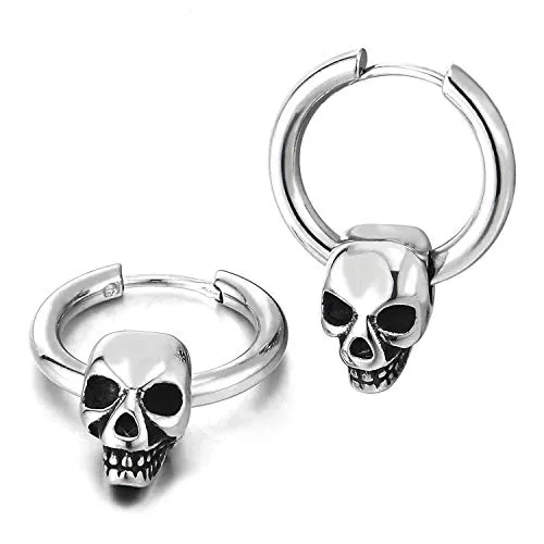 Mens Womens Stainless Steel Circle Huggie Hinged Hoop Earrings Dangle with Vintage Skull Charms 2pcs