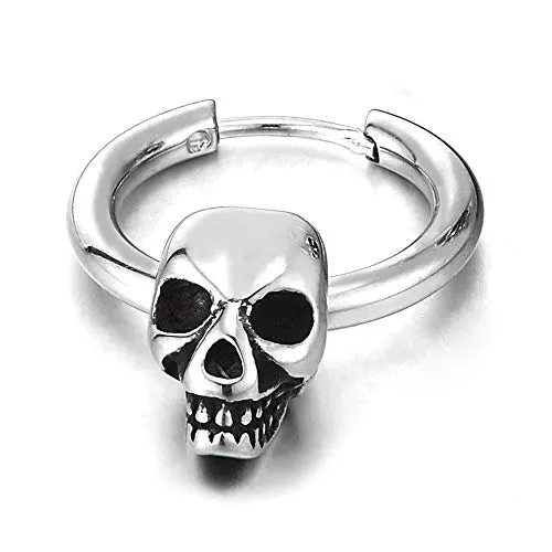 Mens Womens Stainless Steel Circle Huggie Hinged Hoop Earrings Dangle with Vintage Skull Charms 2pcs