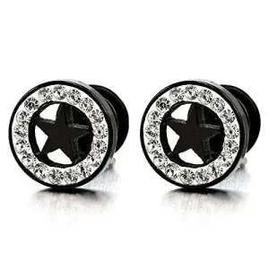 Mens Womens Steel Black White Circle Star Stud Earring Illusion Tunnel Plug Screw Back with CZ, 2pcs