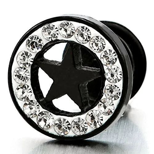 Mens Womens Steel Black White Circle Star Stud Earring Illusion Tunnel Plug Screw Back with CZ, 2pcs