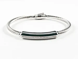 Modern Wire Band With Center Elegant CZ Bar Safe Lock Clasp Brass Bracelet Bangle