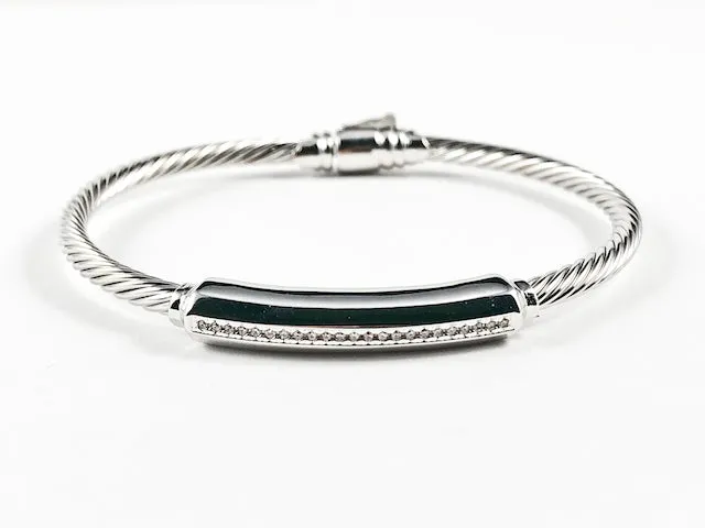 Modern Wire Band With Center Elegant CZ Bar Safe Lock Clasp Brass Bracelet Bangle