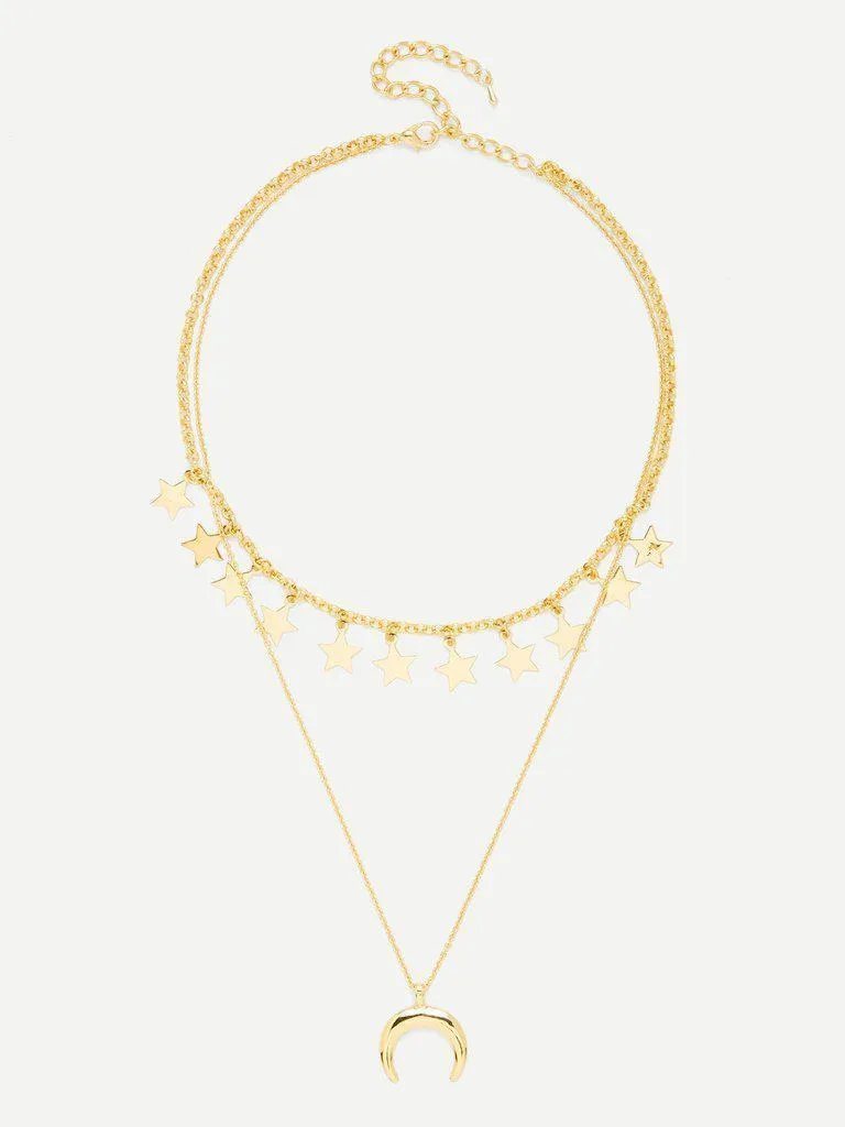 Moon Pendant Link Necklace With Star Charm