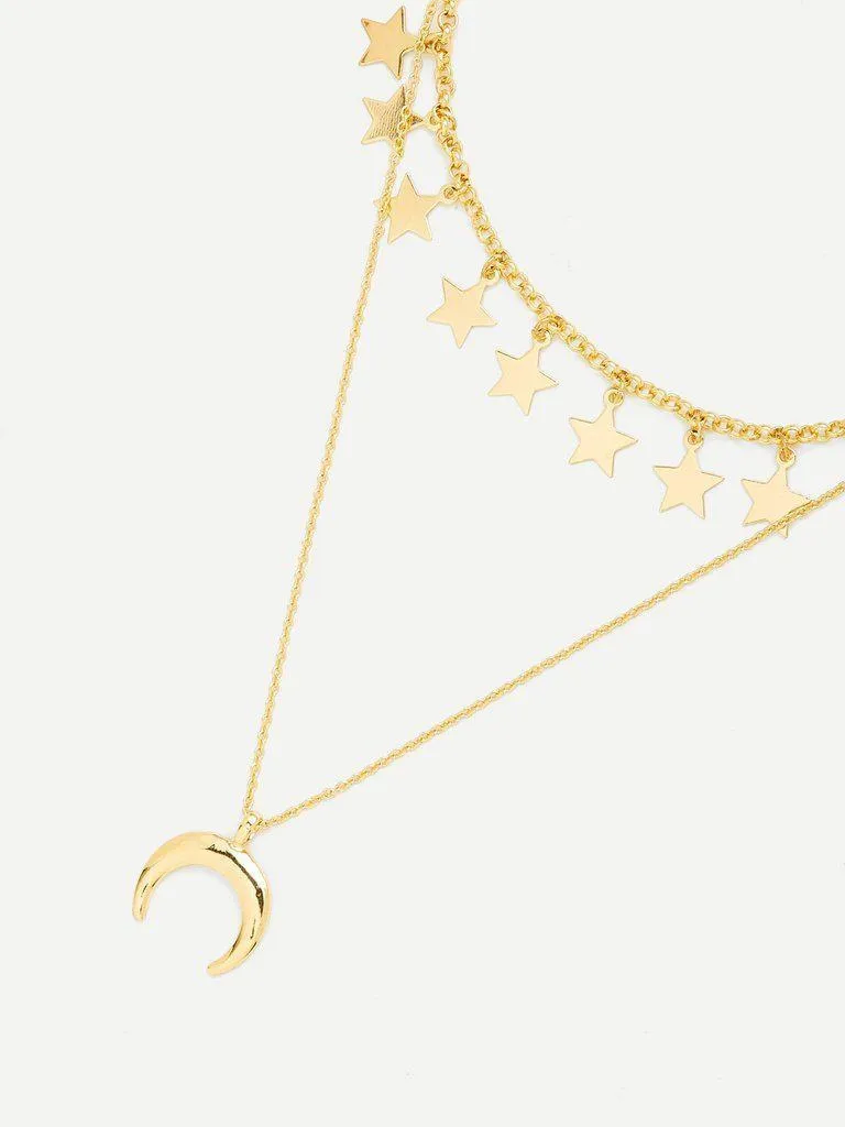 Moon Pendant Link Necklace With Star Charm