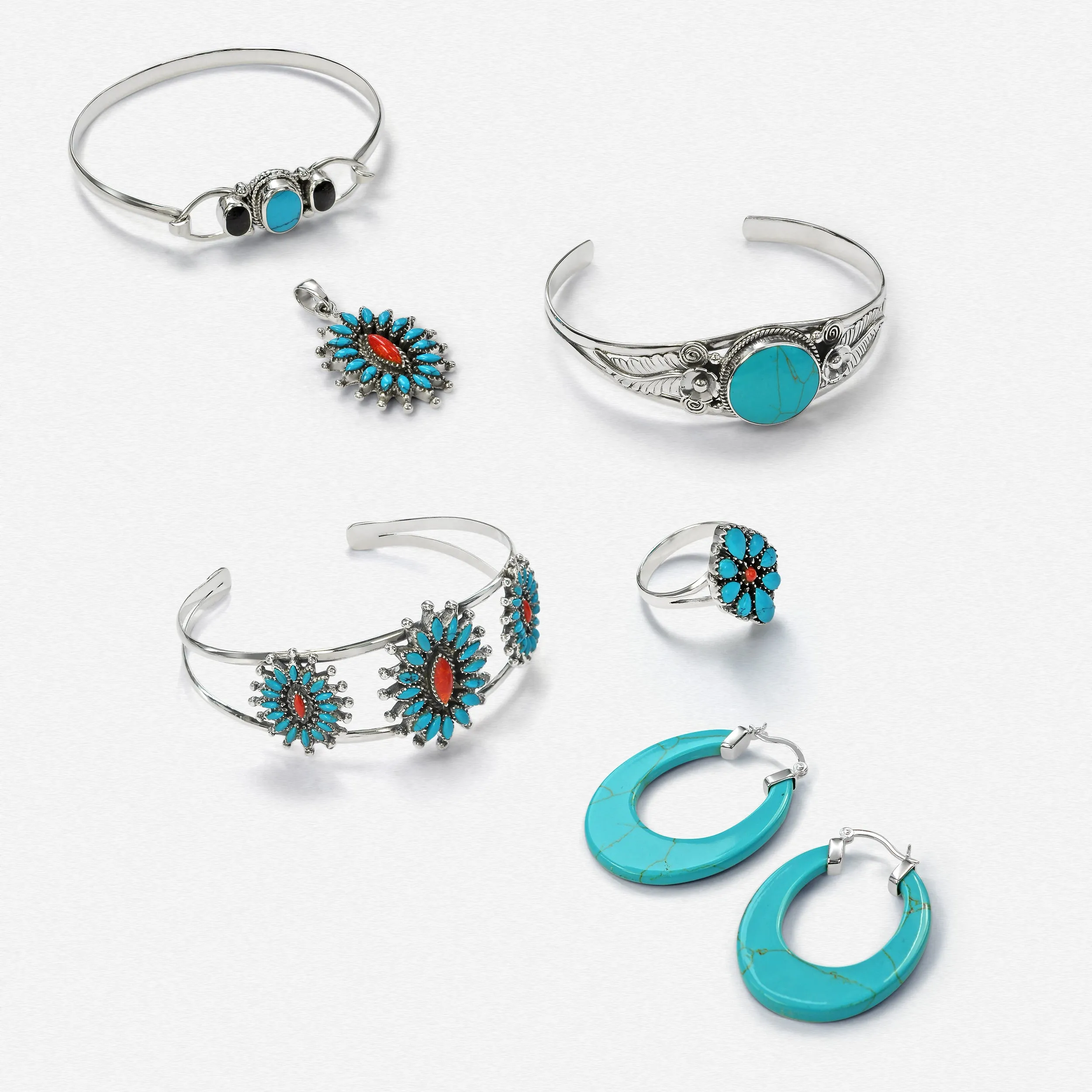 Nature Leaf Navajo Style Onyx Turquoise Wide Cuff Bracelet in Sterling Silver