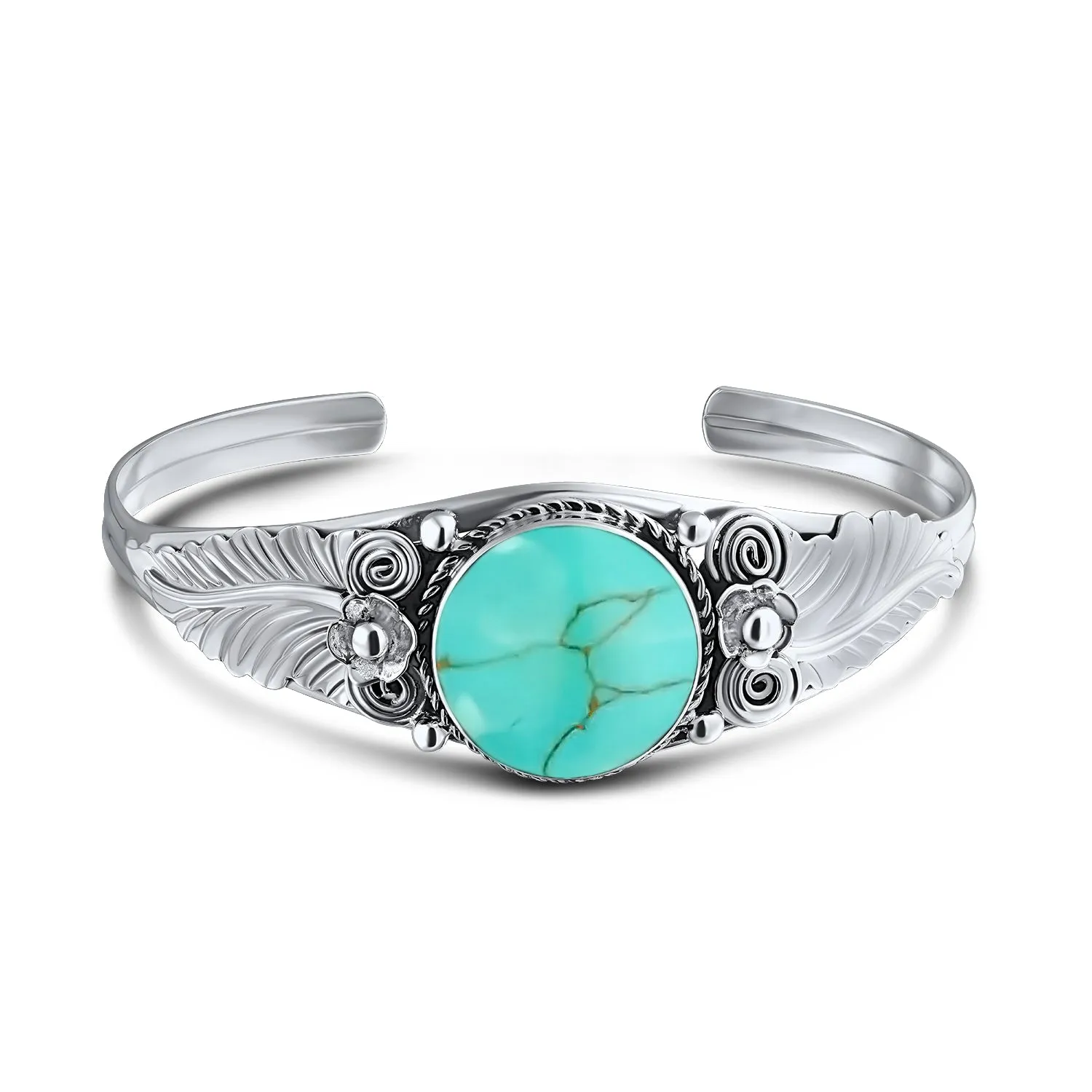 Nature Leaf Navajo Style Onyx Turquoise Wide Cuff Bracelet in Sterling Silver