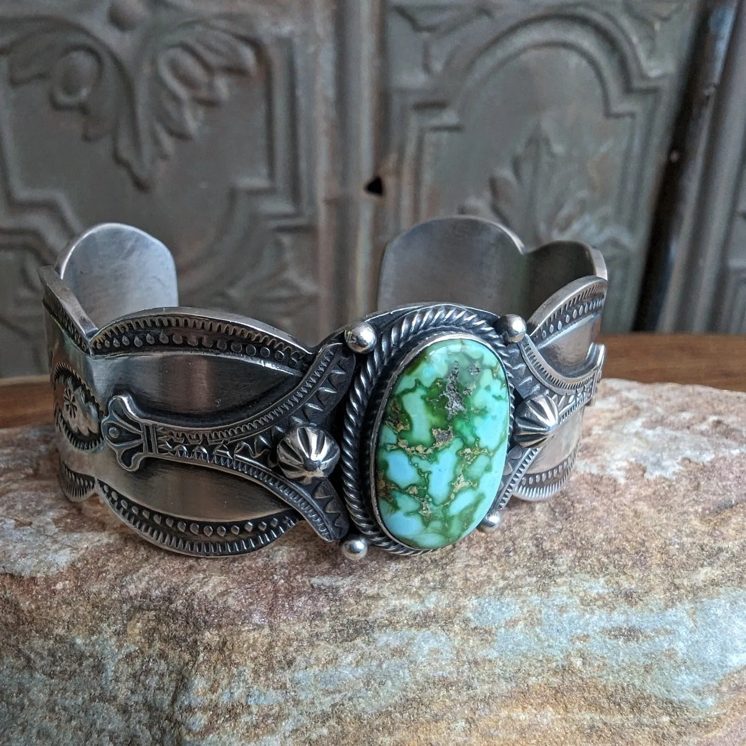 Navajo Made Sonoran Gold Turquoise Sterling Silver Cuff GJ-BRC-0031