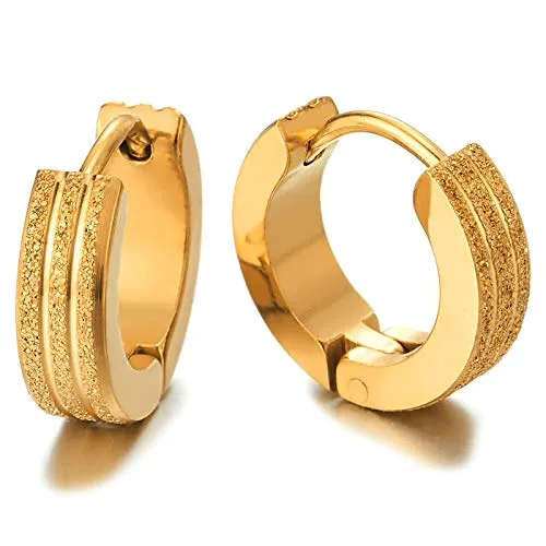 Pair Gold Color Grooved Stripes Huggie Hinged Hoop Earrings, Unisex Men Women, Polished and Satin