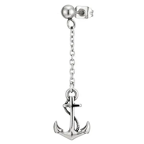 Pair Mens Women Stainless Steel Stud Earrings with Long Dangling Chain and Marine Anchor