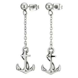 Pair Mens Women Stainless Steel Stud Earrings with Long Dangling Chain and Marine Anchor