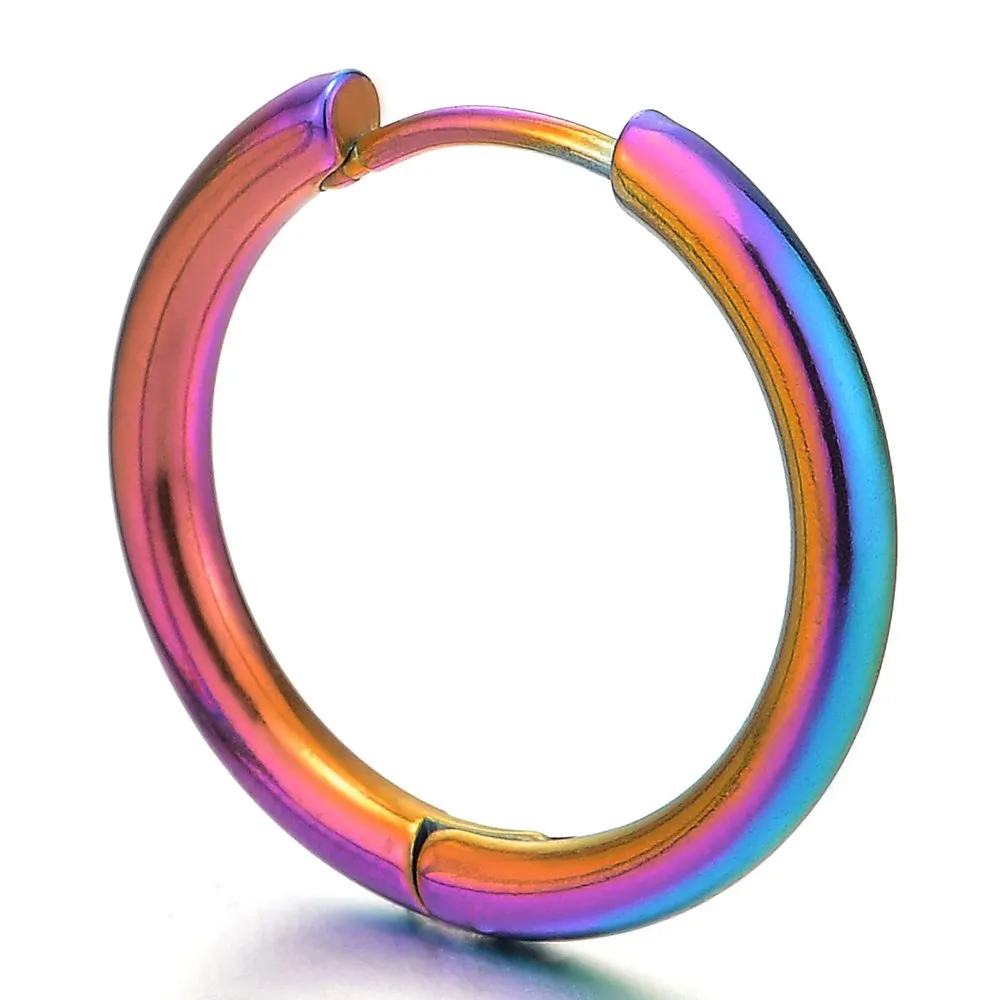 Pair Stainless Steel Colorful Plain Circle Huggie Hinged Hoop Earrings for Men Women