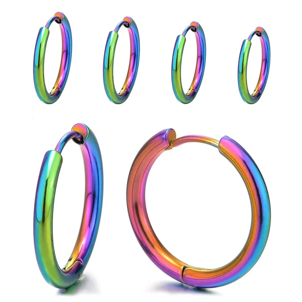 Pair Stainless Steel Colorful Plain Circle Huggie Hinged Hoop Earrings for Men Women