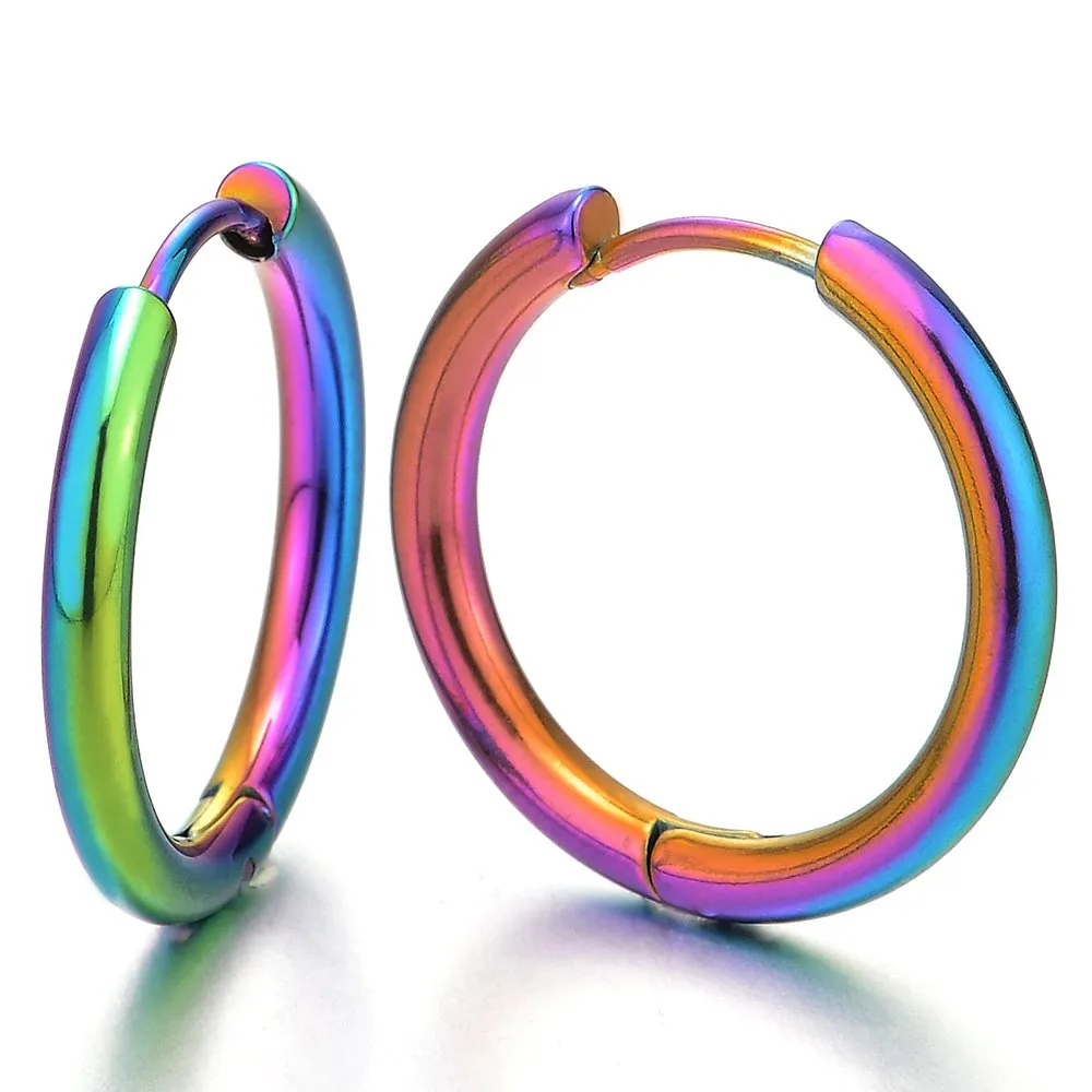 Pair Stainless Steel Colorful Plain Circle Huggie Hinged Hoop Earrings for Men Women